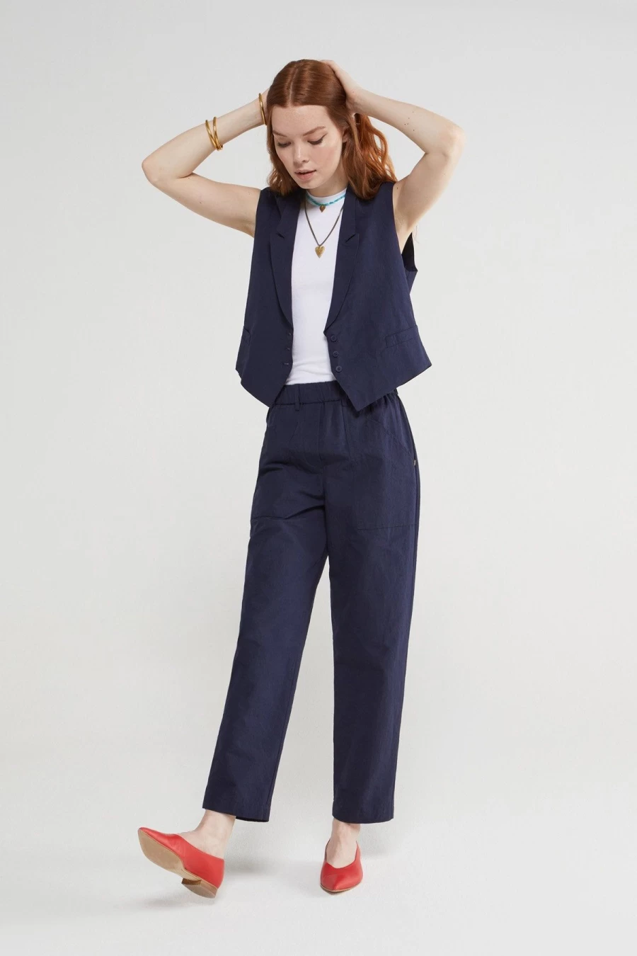 "Otto D'ame Women's Blue Linda Trousers | High-Waisted Slim Fit Pants"