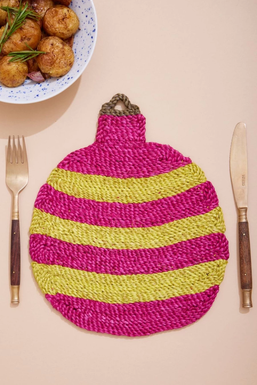 The Jacksons Yellow and Pink Stripe Christmas Bauble Placemat for Holiday Table Decor