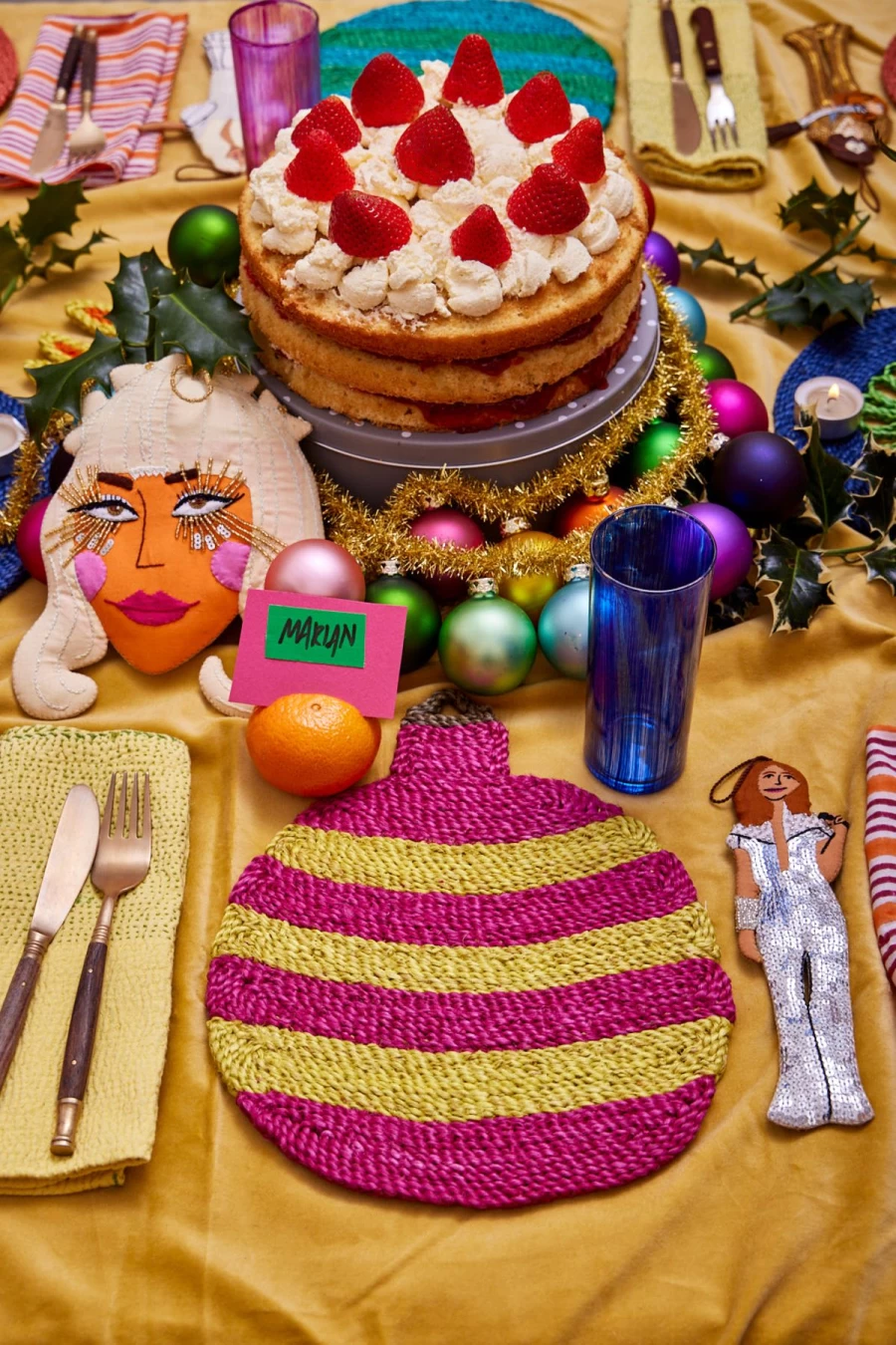 The Jacksons Yellow and Pink Stripe Christmas Bauble Placemat for Holiday Table Decor