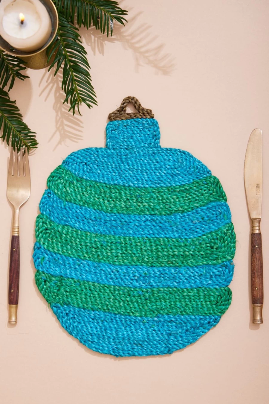 The Jacksons Blue and Green Stripe Christmas Bauble Placemat - Festive Holiday Table Decor