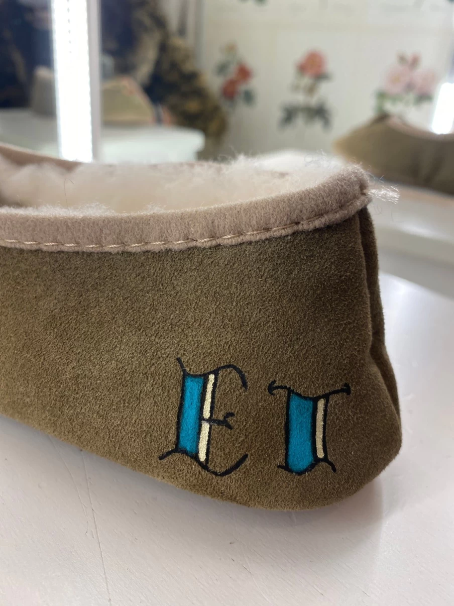 Milona Personalized Monogrammed Khaki Suede Slippers for Women & Men - Custom Luxury House Shoes