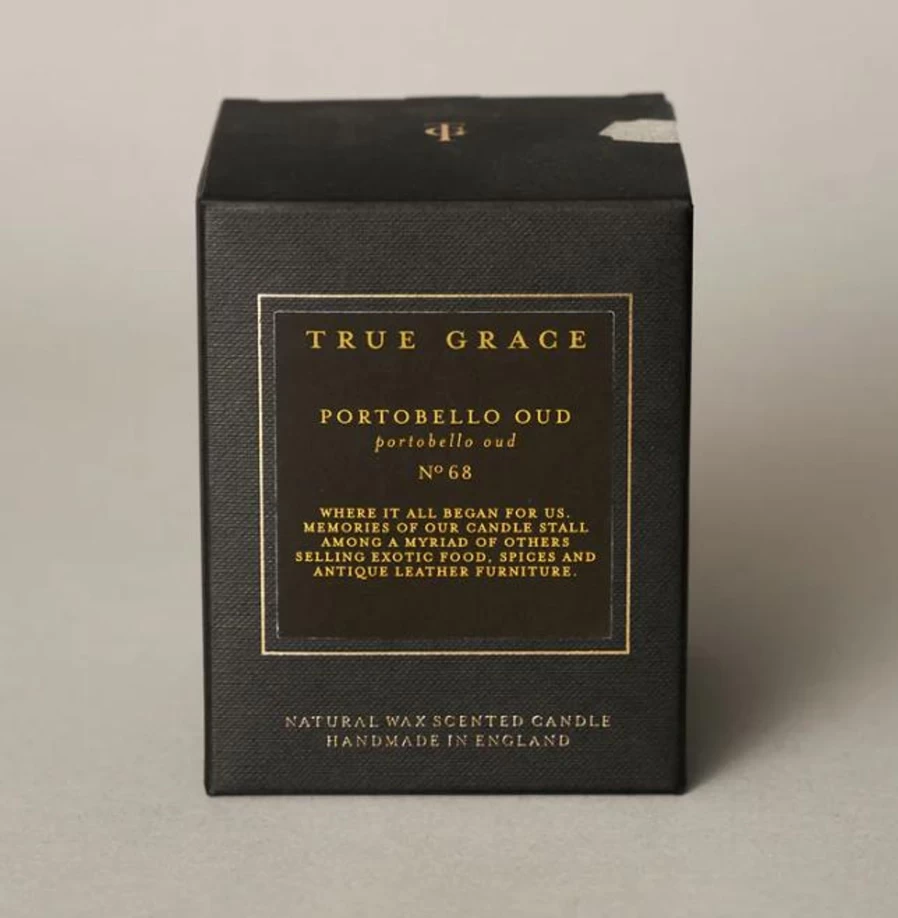 True Grace Portobello Oud Scented Glass Candle for Home Fragrance