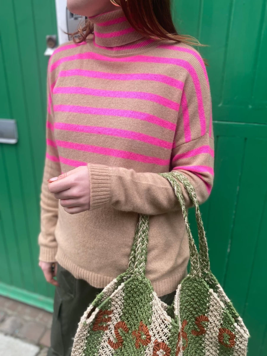 Women's Camel & Pink Striped Polo Neck Jumper by Jumper 1234