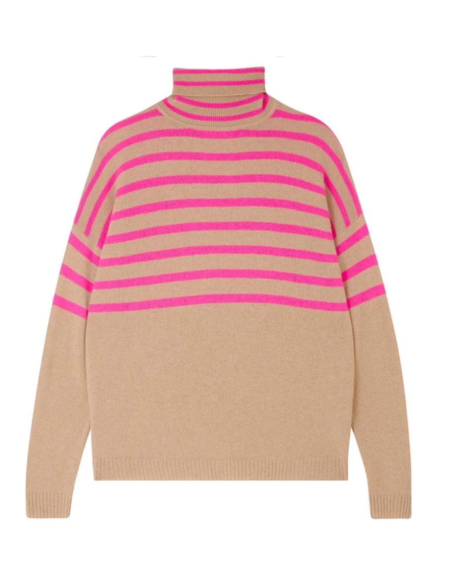 Women's Camel & Pink Striped Polo Neck Jumper by Jumper 1234