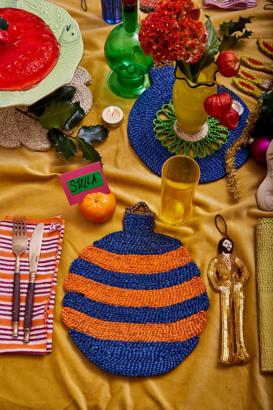 The Jacksons Blue and Orange Stripe Christmas Bauble Placemat - Festive Holiday Table Decor