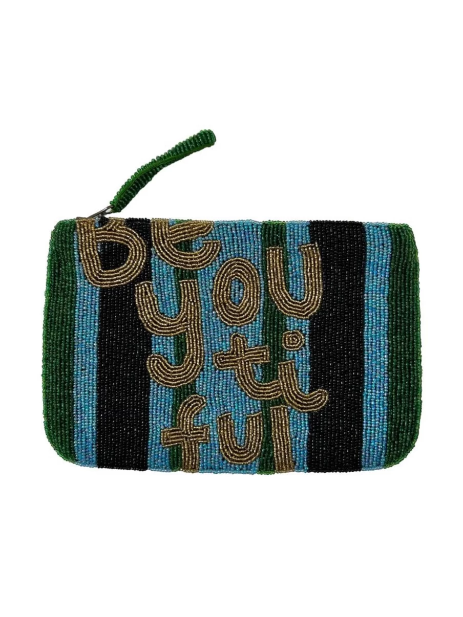 The Jacksons Be You Ti Ful Beaded Clutch Bag - Multi Stripe & Gold Embellished Evening Purse