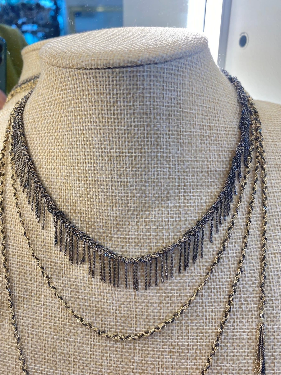 Marie-Laure Chamorel Platted Chain Tassel Necklace N°550 - Elegant Gold Layered Chain with Tassel Pendant