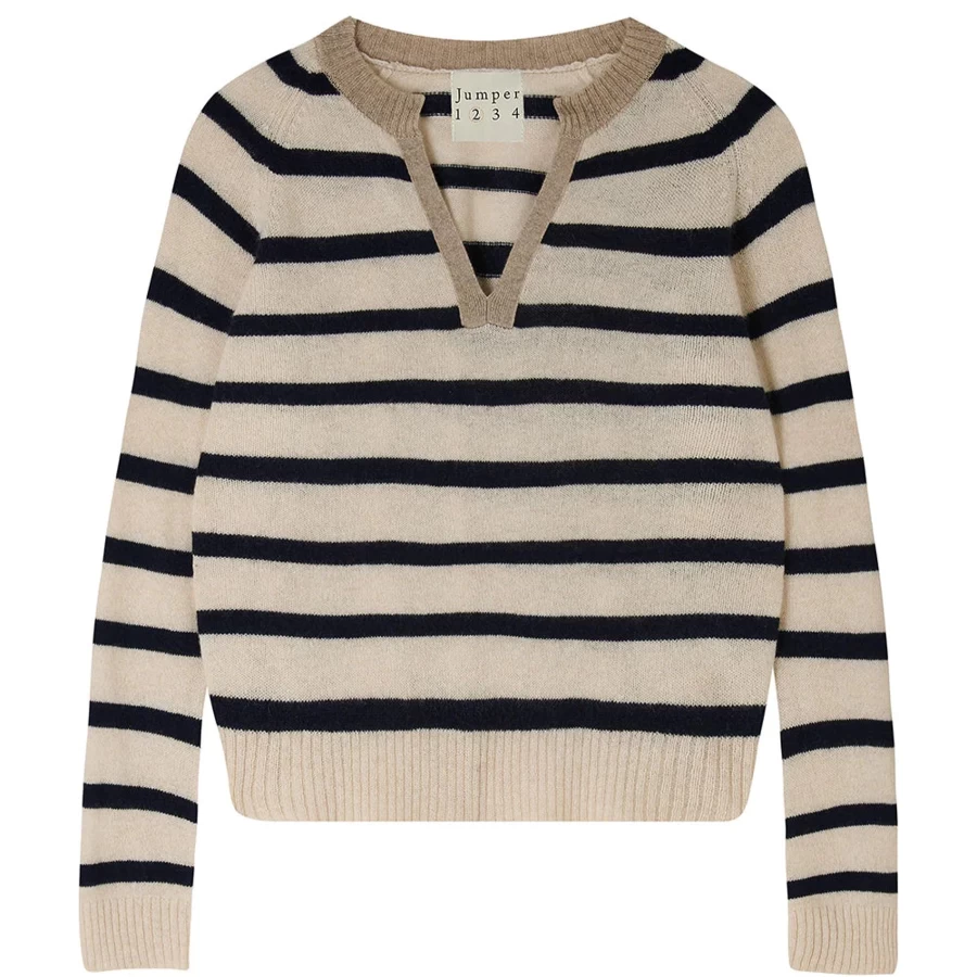 Women's Stripe Open Collar Knit Jumper 1234 - Casual Crewneck Sweater