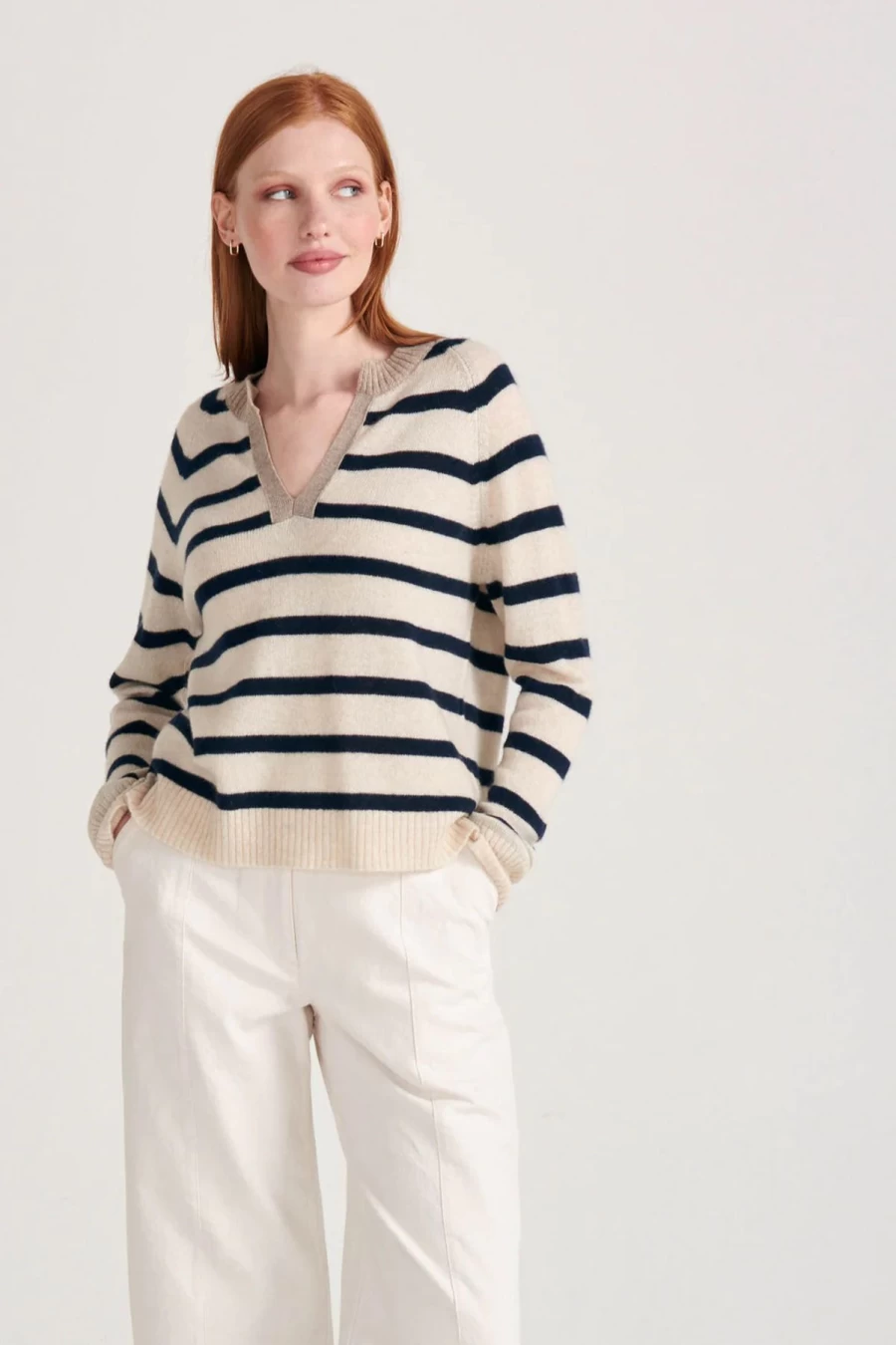 Women's Stripe Open Collar Knit Jumper 1234 - Casual Crewneck Sweater
